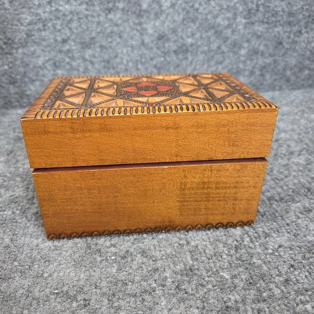 Vintage Wooden Hand Carved Polish Trinket Jewelry Storage Box Made In Poland